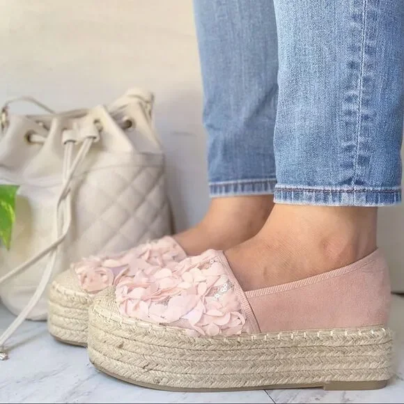 Blush Floral Espadrille Platforms | 3D Flower Slip-On Sneakers - Picture 7 of 8